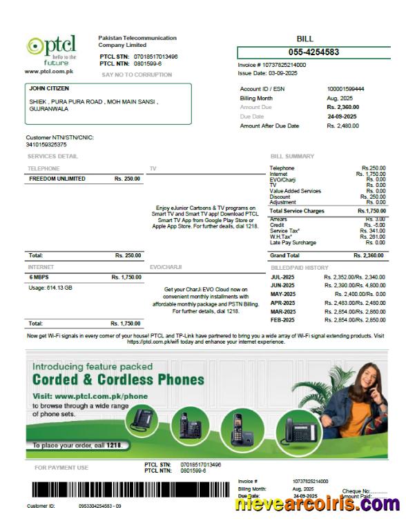 Pakistan PTCL utility bill